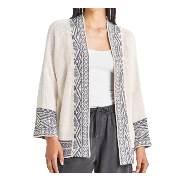 Splendid Kenny Cardigan Printed Geo Boarder Cotton Blend White Sand Large - Picture 1 of 9